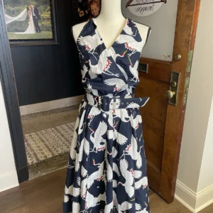 Ann Navy Crane Pocketed Dress
